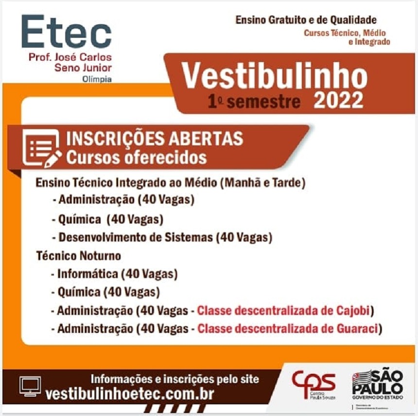 Estão abertas as inscrições para o Vestibulinho das Etecs